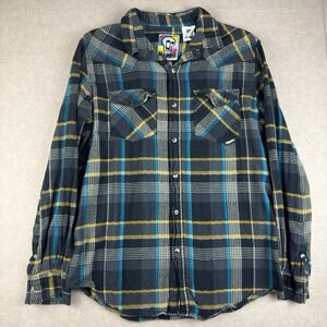 Mambo Shirt Men M Black Blue Yellow Plaid Flannel Snap‎ Western Long Sleeve